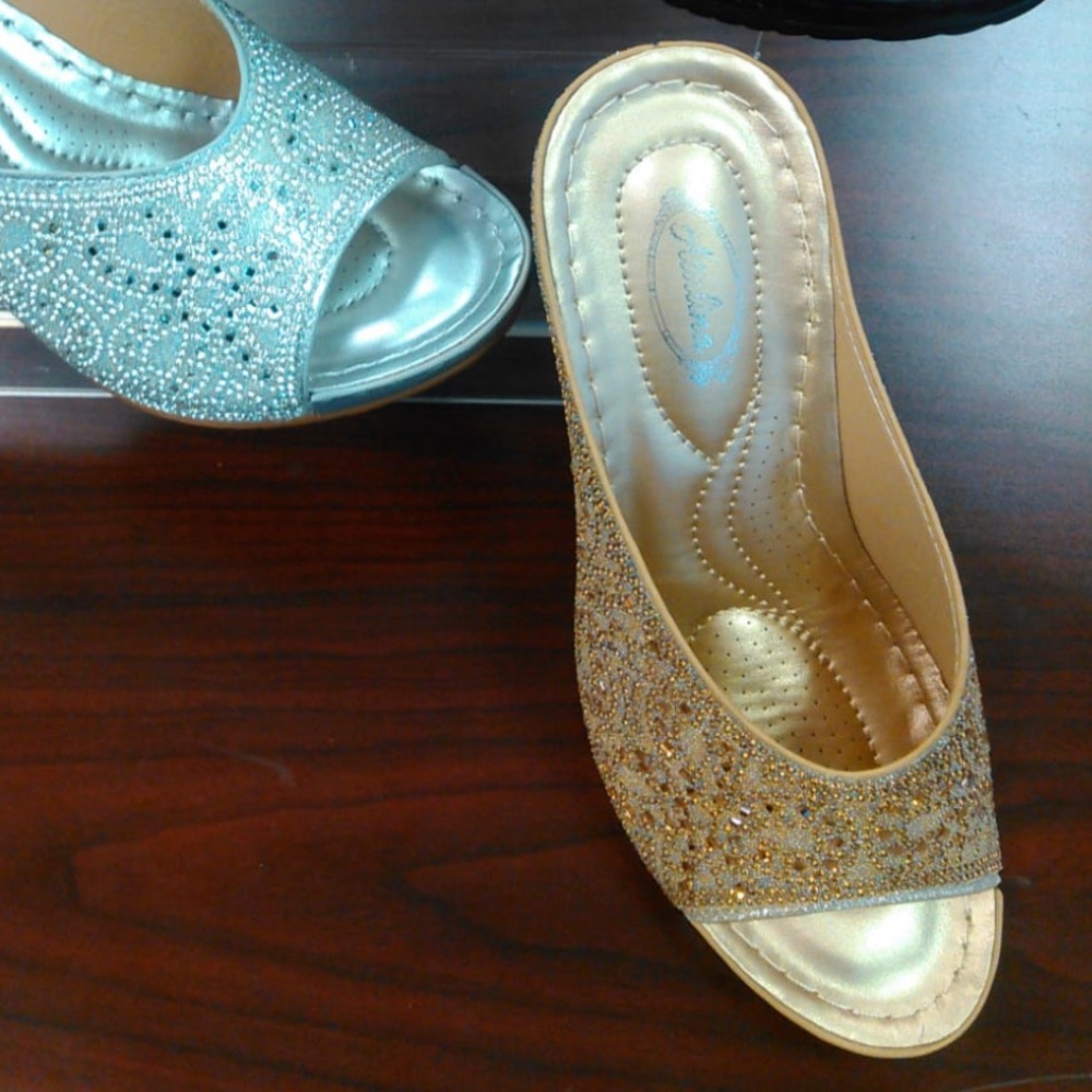 Selling Fast! Italina Gold Rhinestone Embellished Wedding Shoe or Dressy Wedge - Picture 6 of 11